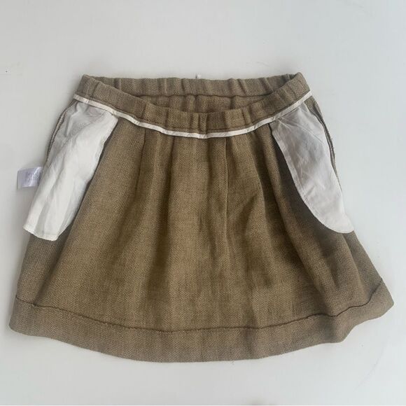 Maje Jet lag Linen Skirt 1 knit Pleated Khaki Flare Mini Elastic Waist Pockets - Picture 9 of 10